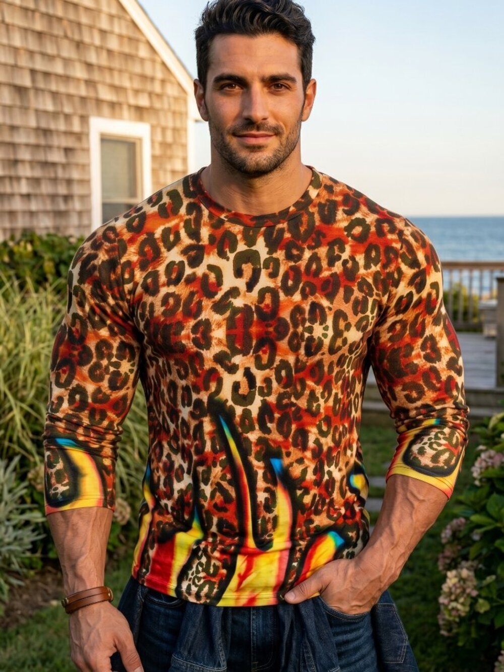 Leopard Skin Print Tee T-Shirt Flames 100% COTTON long sleeve Shirt 2xl Biker